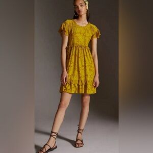 Anthropologie Ruffle Knit Mini Dress in Chartreuse